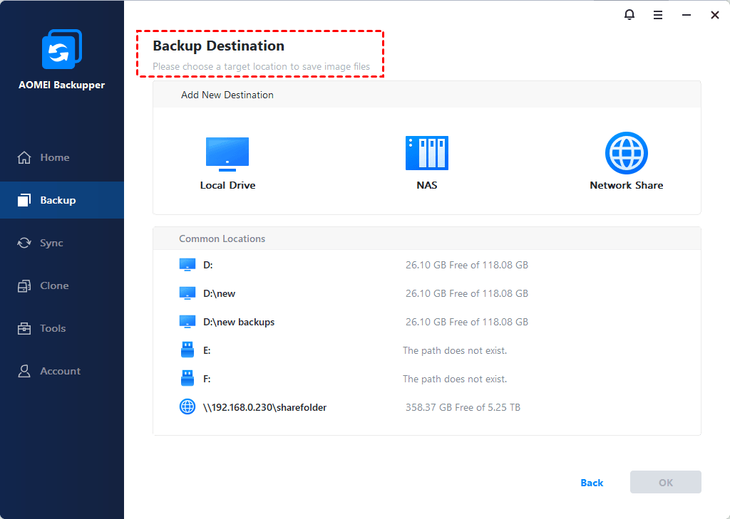 Select Backup Destination Select Backup Destination